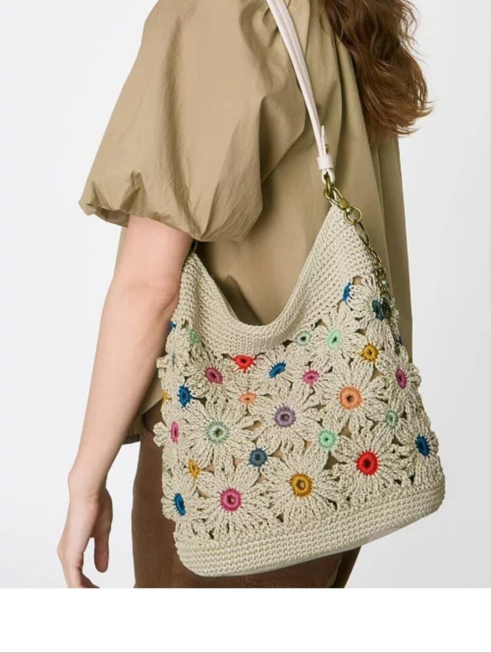 The Sak Crochet Floral Shoulder Bag in Beige with Multicolor Flowers